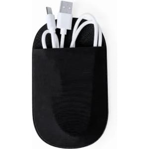 A black carrying case containing white USB cables with a pocket design. Features a smooth surface and a compact shape.
