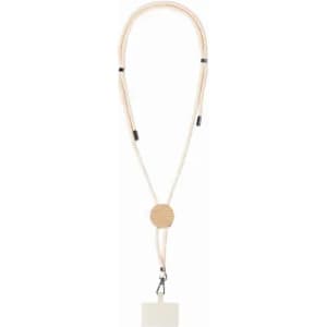 A lanyard with a wooden circle and a clip attached to a rectangular badge holder, featuring a neutral colour scheme.
