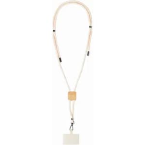 A lanyard featuring a beige and white strap with a rectangular attachment and a clip at the end.