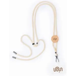 A lanyard with a wooden pendant, featuring a cream colour and clips at both ends for attachment.