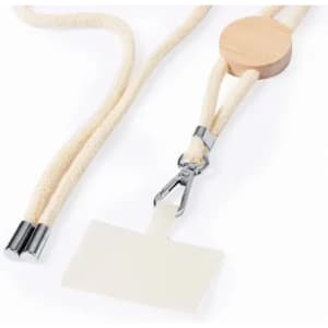 A lanyard featuring a wooden clasp, cream-coloured cord, and a clear ID holder attachment.