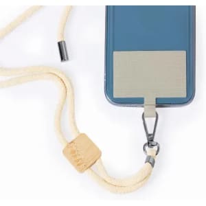 A phone holder with a light-coloured rope and a metallic attachment, designed for easy carrying.