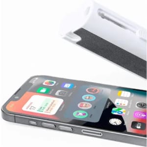 A smartphone displayed with a white protective case partially on. The screen shows various app icons and widgets.