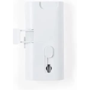 A white drink bottle with a flip lid and a small spout, featuring a branding logo.