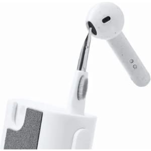 A white earbud partially inserted into a compact storage case, featuring a sleek design and grey accents.