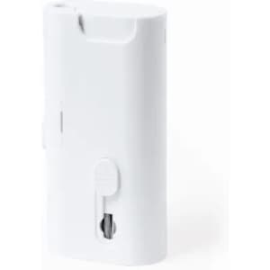 A drink bottle in white with a simple design and a logo, featuring a small nozzle at the base.