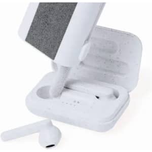 A pair of white wireless earbuds inside a white charging case with a textured outer surface. The case has a logo.