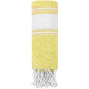 A yellow and white striped towel with fringed ends, neatly rolled up. It features a simple, elegant design.