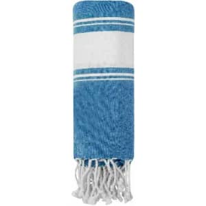 A blue and white towel with fringed edges, neatly rolled for display. It features a striped pattern.