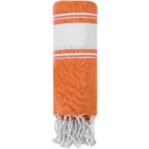 An orange towel with white stripes, rolled and featuring fringe detailing at one end. It has a simple, classic design.