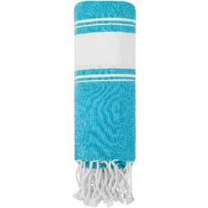 A blue and white striped beach towel, featuring fringe detailing at the ends. It has a vibrant turquoise colour.