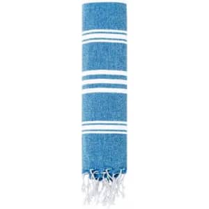 A blue and white striped towel rolled up, featuring white fringes at the end. It has a simple woven design.