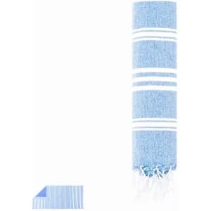 A rolled blue towel featuring white stripes and fringes. It has a rectangular section displayed on the side.