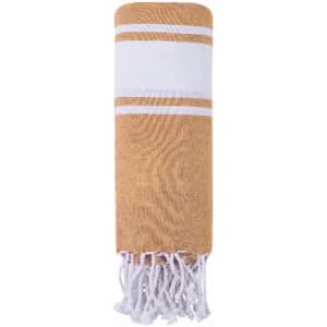 A rolled towel in gold with white stripes and tasselled edges. It has a soft texture and is compact for storage.