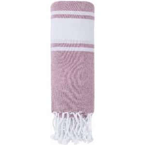 A pink and white striped towel with fringe at the bottom, featuring a simple design and soft texture.