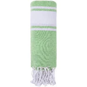 A green and white striped towel with fringed edges, featuring a logo.