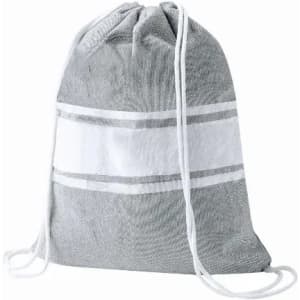 A drawstring bag in grey with a white stripe, featuring white cord closures.