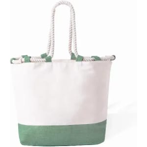 A tote bag featuring a white fabric body with a green lower section and rope handles. It has a simple, clean design.