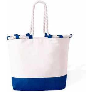 A tote bag with a white upper and a blue lower section, featuring rope handles and a sturdy design.