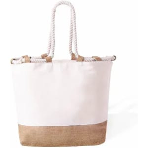 A tote bag featuring a white upper section and a natural jute lower section, with rope handles.