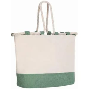 A tote bag in cream with a green bottom and rope handles. It features a simple design and has a logo.