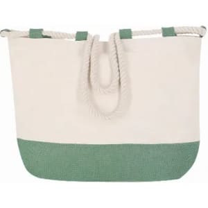 A tote bag with a cream upper section and a green bottom, featuring rope handles.