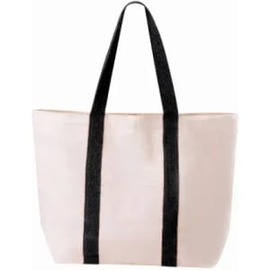 A tote bag in light pink with black straps. The bag has a simple design and features branding.