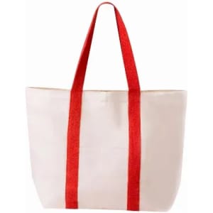 A tote bag with a white body and red straps, featuring a simple design and ample storage space.