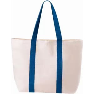 A tote bag in cream with blue straps. It features a simple design and an unbranded appearance.