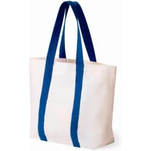 A tote bag featuring a white body and blue straps, showcasing a minimalistic design.