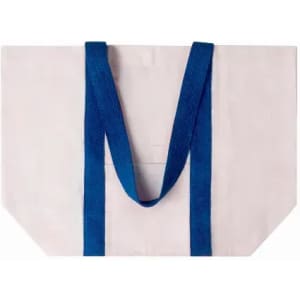 A tote bag in light cream with blue straps, featuring a simple design and logo branding.