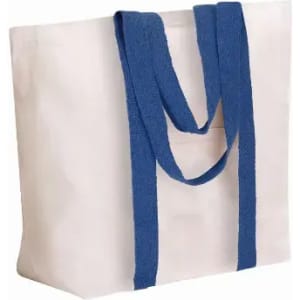 A tote bag in natural colour with blue straps, featuring a simple design and ample space for carrying items.