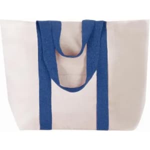A tote bag in cream with blue handles, featuring a simple and spacious design. It includes branding elements.