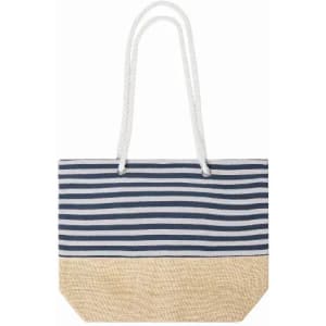 A tote bag with navy and white stripes on the top half and a natural jute bottom. It features two white handles.