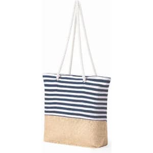 A tote bag with navy blue and white stripes, featuring a natural jute bottom and white rope handles.