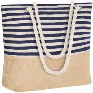 A tote bag featuring navy and white stripes with a natural jute base and rope handles.