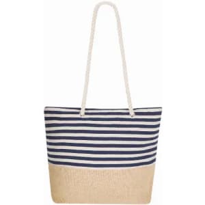 A tote bag with navy and white stripes and a beige bottom, featuring rope handles.