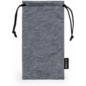 A grey drawstring pouch with black cords, featuring a small logo on the side.