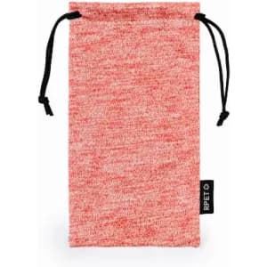 A red drawstring pouch made from textured fabric, featuring a black tag on the side.
