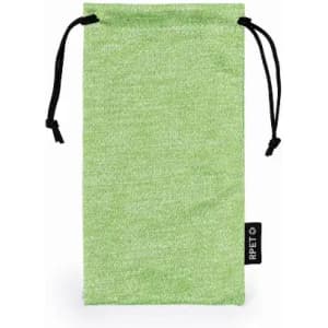 A green drawstring pouch made from recycled materials, featuring a black tag.