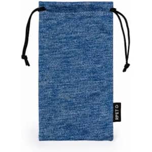 A drawstring pouch in a blue fabric with a black tag, featuring a simple design and a textured look.