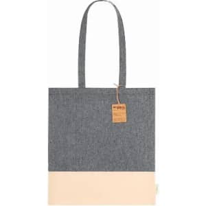 A tote bag with a dark grey upper section and a light beige lower section, featuring two handles and a tag.