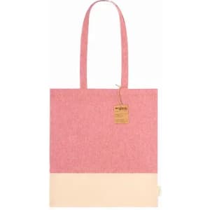 A tote bag featuring a pink upper section and a cream lower section, with long handles and a tag attached.