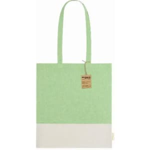 A tote bag in light green with a white lower section and two handles, featuring a tag.