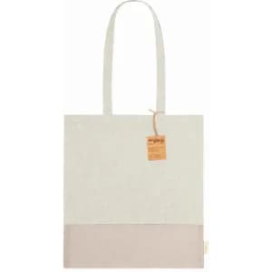 A tote bag in light grey with a soft pink bottom. It features two long handles and a tag attached.