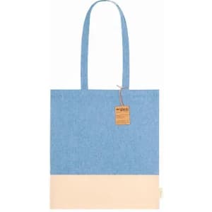 A tote bag featuring a blue upper section and a cream lower section with dual handles. It includes a tag and a logo.
