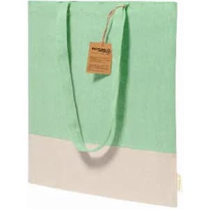 A tote bag with a mint green upper section and a cream lower section, featuring a tag and handles.
