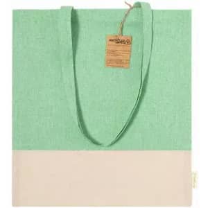 A tote bag featuring a mint green upper section and a cream lower section. It has two shoulder straps and a tag.