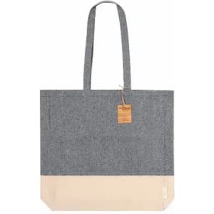 A tote bag featuring a grey upper section and a beige lower section, with long handles and a tag attached.
