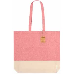 A tote bag featuring a pink upper section with a cream lower section, equipped with two sturdy handles and a tag.